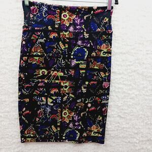 Skirt Pencil LuLaRoe Black Red Lime Floral Knit Poly Spandex Whimsycore Size XS